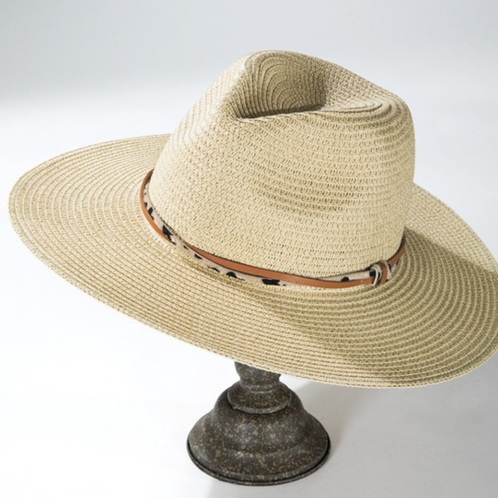 Boho Leopard Natural Trim Straw Panama Hat - Picture 6 of 13
